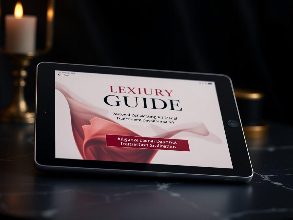 A realistic high-resolution close-up shot of a digital guide displayed on a sleek tablet, set against a dark luxury-themed background. The guide cover features elegant design elements, emphasizing personal development and transformation. The lighting should highlight the tablet's screen and create a sophisticated atmosphere.