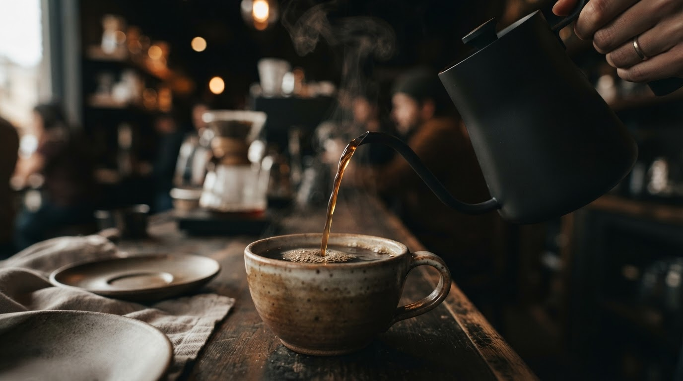 Coffee being poured with steam rising