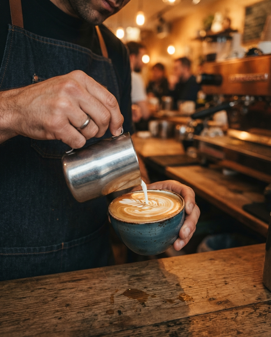 Barista pouring steamed milk