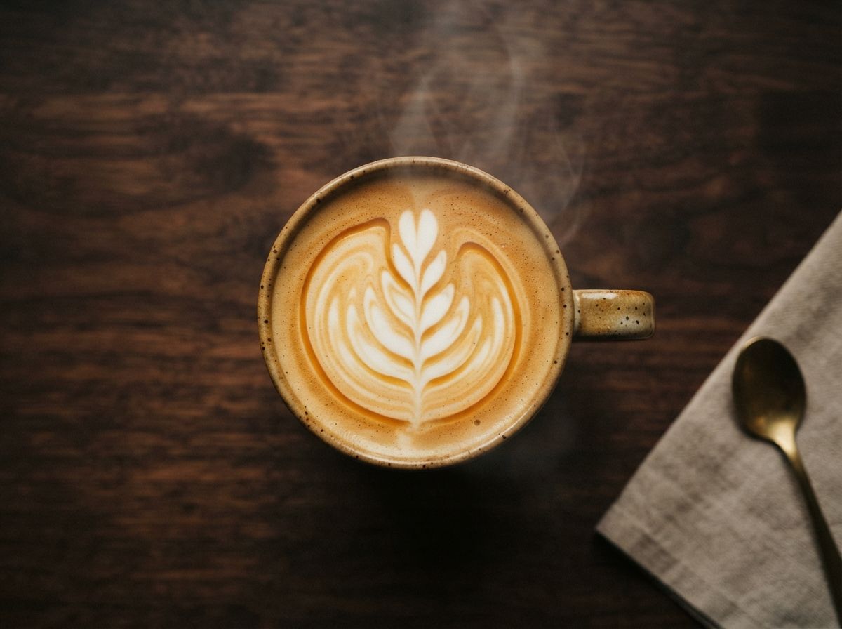 Amber Latte with a golden syrup swirl in oat milk foam