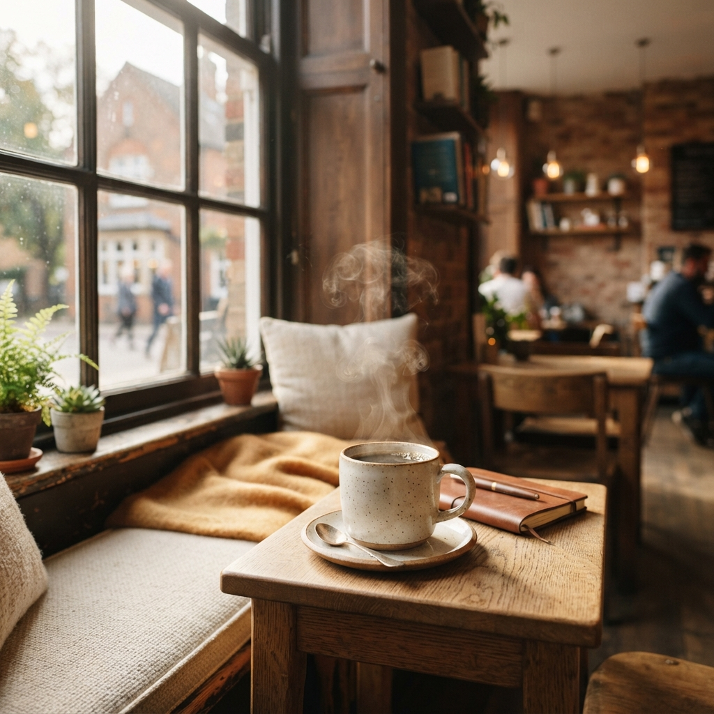 Sunlit window seat with a fresh pour-over coffee