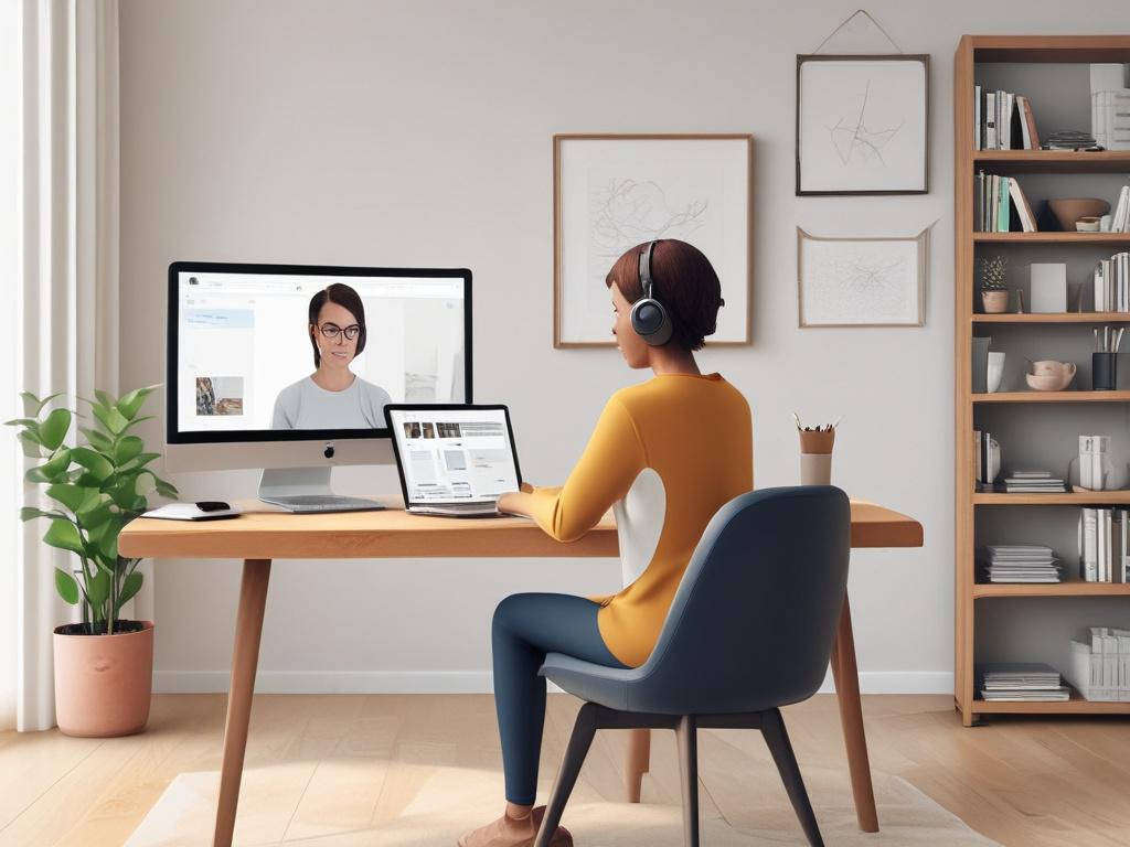 A remote worker participating in an online onboarding session via video call. The worker, a young woman with short hair, is attentively listening and taking notes while sitting at a stylish home office setup. The background features a simple bookshelf and a potted plant, all in a clean, minimalist style. Soft lighting enhances the professional ambiance, and the color scheme aligns with the primary color rgb(40, 93, 225).
