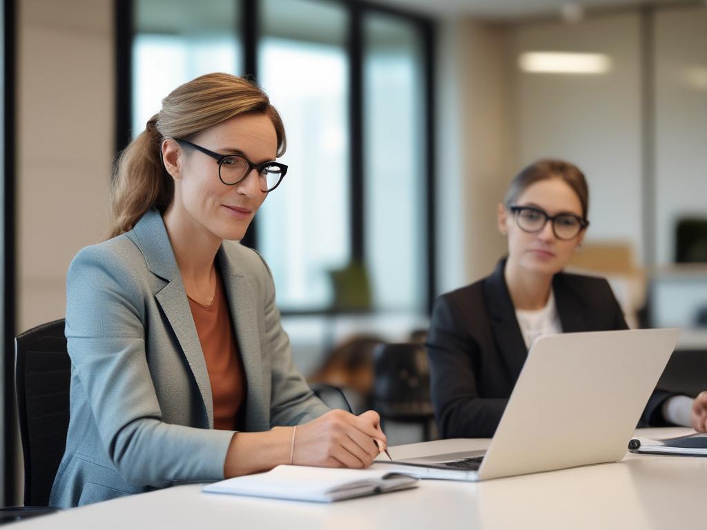 A professional consultant engaged in a discussion with a client over a laptop in a modern office setting. The consultant, a middle-aged woman with glasses, is taking notes while the client, a young man in a suit, looks on thoughtfully. The background is minimalistic with clean lines, featuring a sleek desk and a potted plant, all in a calm color palette that complements the primary color rgb(40, 93, 225).