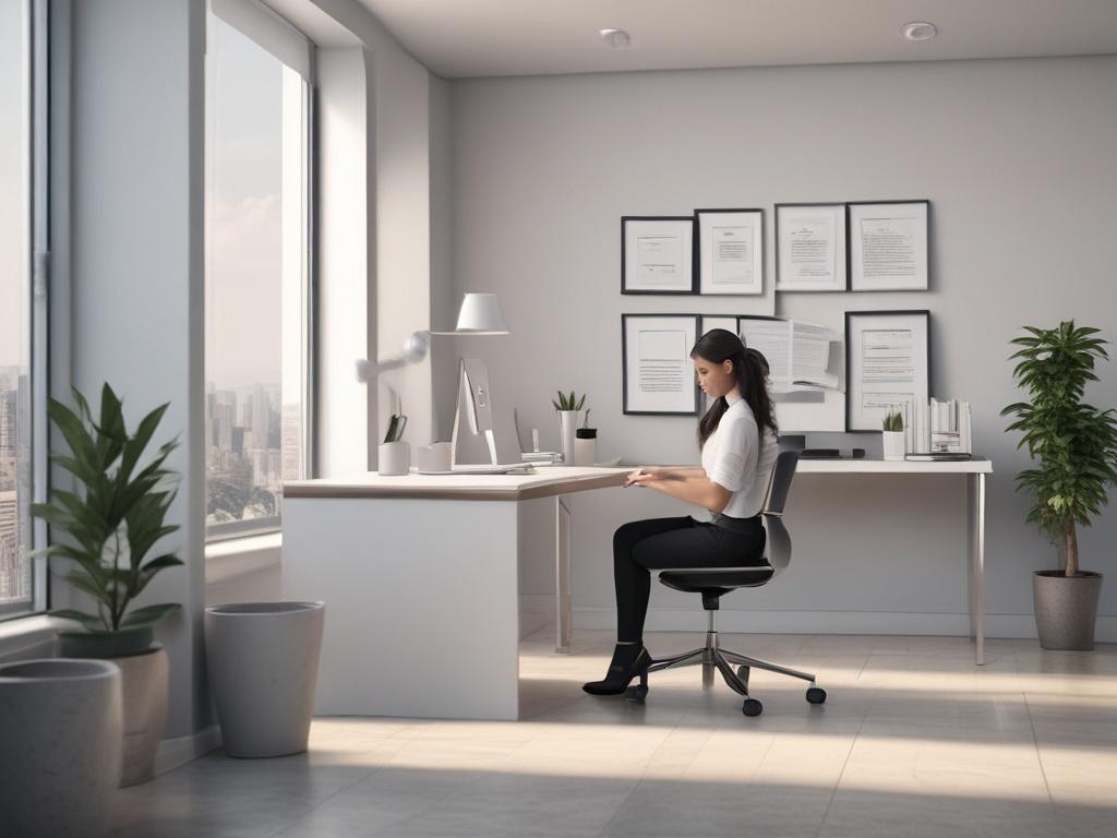 A recruiter reviewing resumes on a computer screen in a modern office environment. The scene captures the recruiter, a young woman with long hair, focused on her work while surrounded by minimalist decor. The setting includes a clean desk, a plant on the side, and a large window allowing natural light to flood in, enhancing the professional atmosphere. The color scheme is simple, featuring shades that harmonize with the primary color rgb(40, 93, 225).