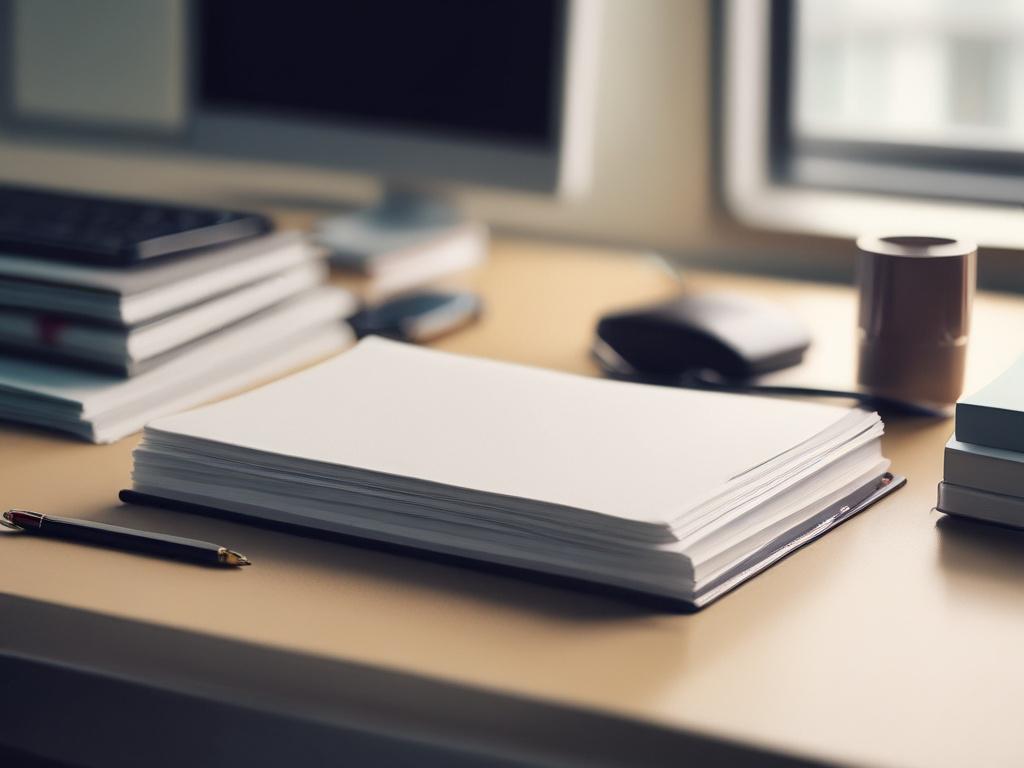A minimalist desk with a single stack of organized files and a pen in focus. The background is softly blurred, emphasizing the files. Use the rgb(40, 93, 225) primary color subtly in the decor to create a professional yet inviting atmosphere.
