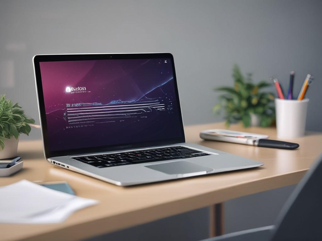 A clean, modern workspace featuring a single laptop on a minimalist desk with a soft-focus background. The laptop screen displays code, symbolizing tech talent. The overall color scheme should incorporate the rgb(40, 93, 225) primary color, with a bright, inviting atmosphere.