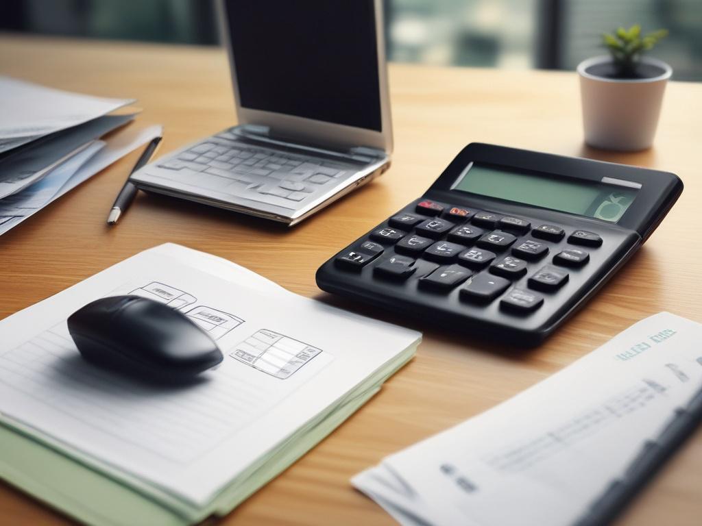 A sophisticated office environment featuring a single calculator and financial reports on a polished wooden desk. The background should be blurred, emphasizing the calculator and documents. Incorporate the rgb(40, 93, 225) primary color subtly in the decor.