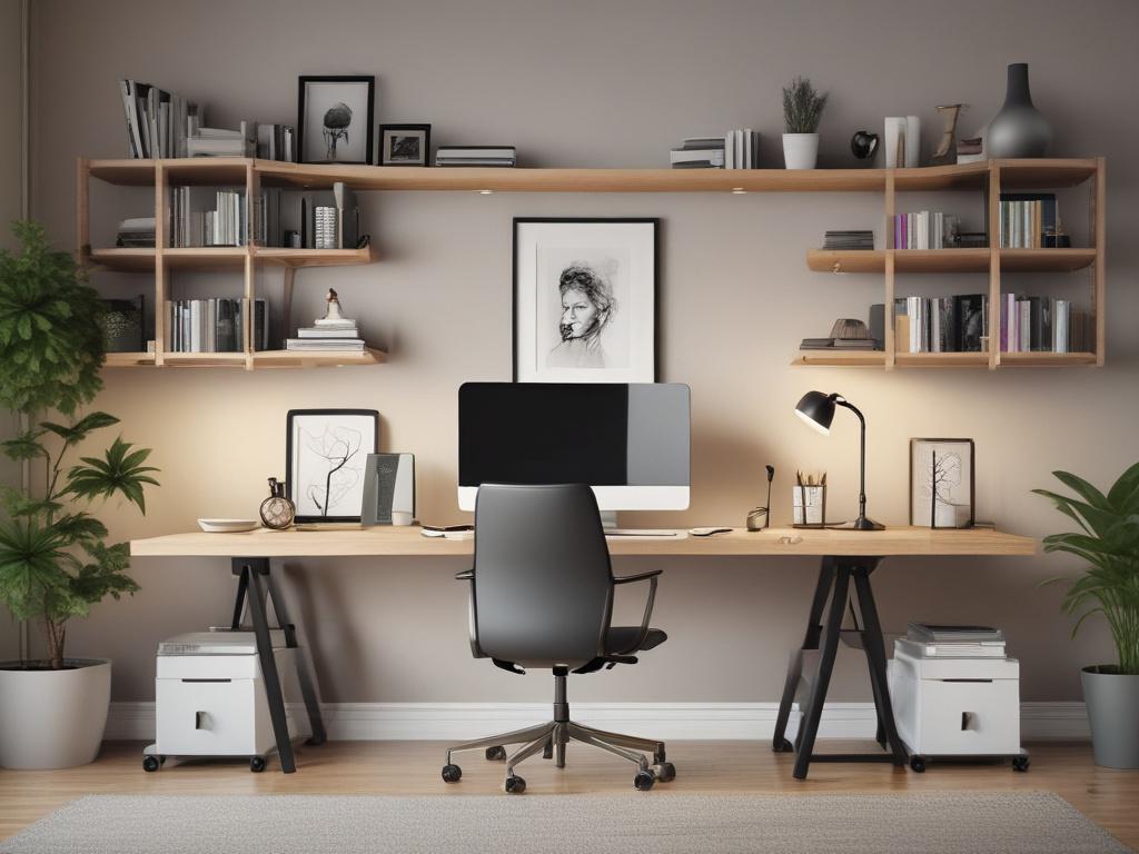 A high-resolution image of a confident professional working remotely from a modern home office. The scene should include a sleek desk, a laptop, and minimalistic decor, emphasizing productivity. The background should be light and airy with soft colors, and the focus should be on the professional engaged in work.