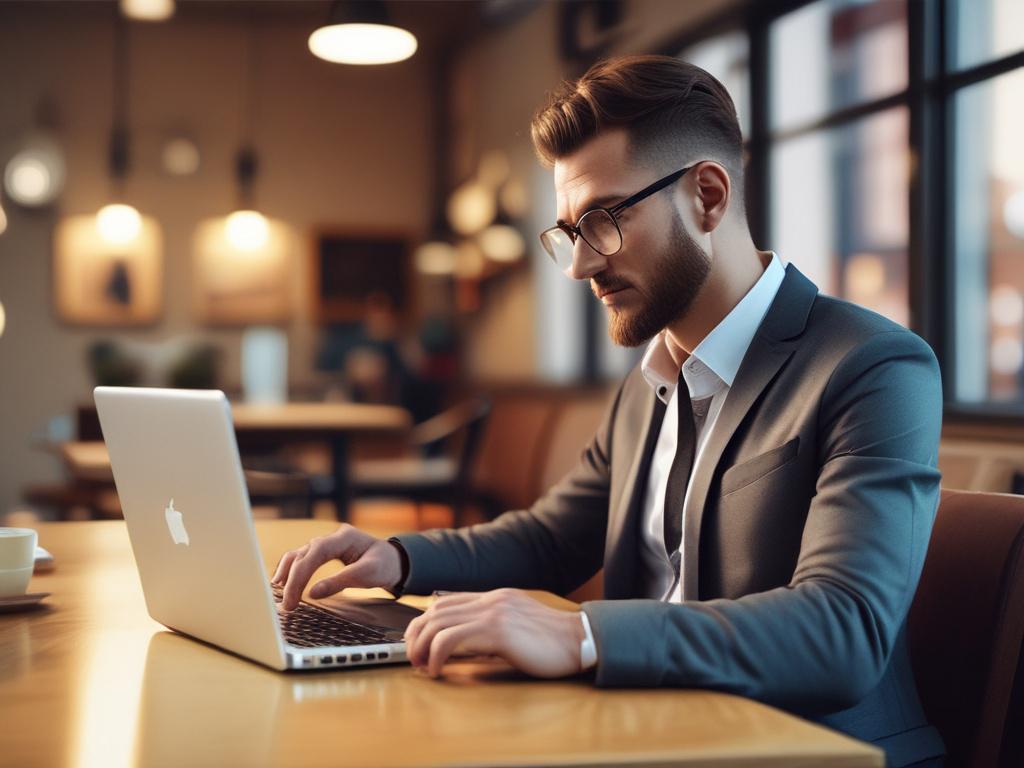 A high-resolution image of a focused individual working on a laptop in a cozy café environment. The scene should convey a sense of productivity, with a coffee cup and notepad nearby. The background should be warm and inviting, featuring minimalistic decor.