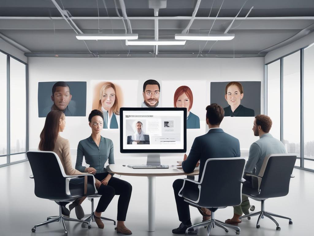 A high-resolution image of a diverse group of professionals engaged in a virtual interview setup. The composition should focus on the individuals smiling and interacting through a computer screen. The setting should be bright and professional, with a clean and organized background.