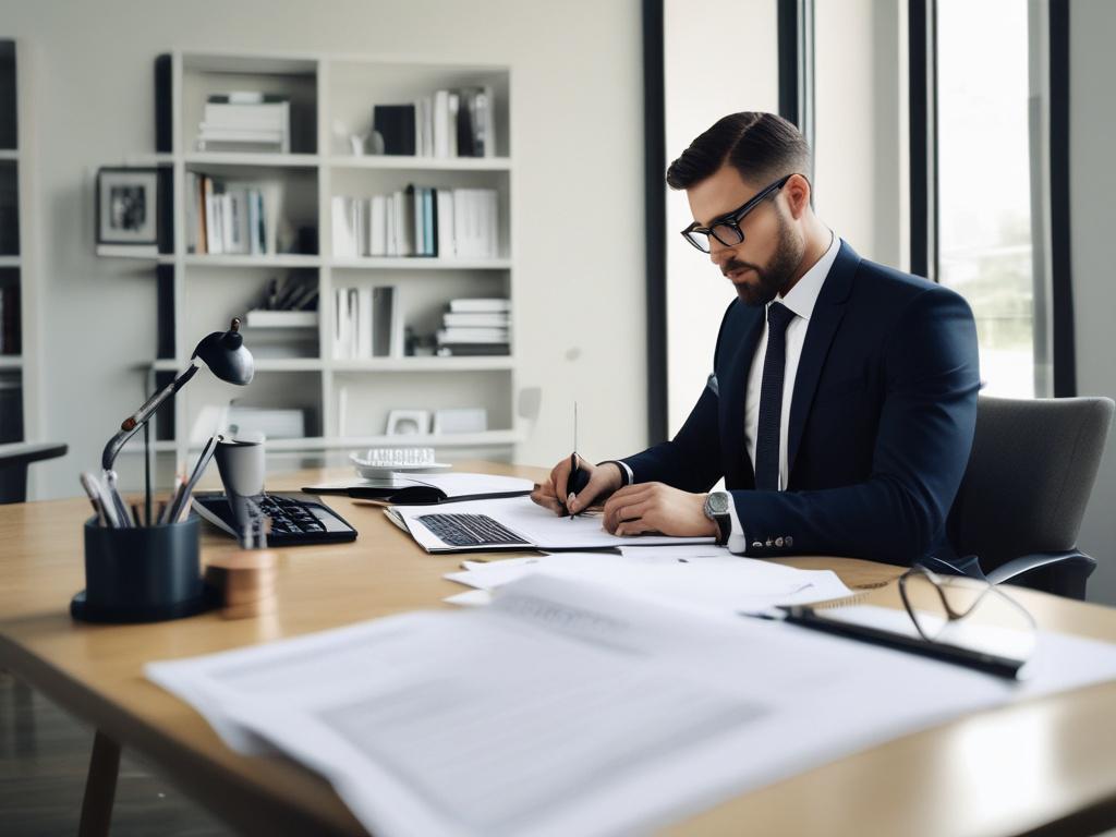 An elegant, modern office setting featuring a finance professional reviewing
