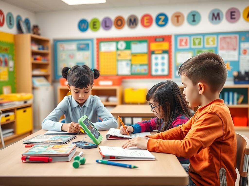 A colorful, well organized classroom setting with students using educational
