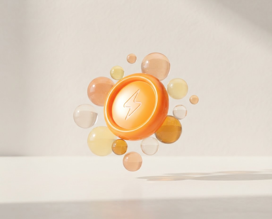 A bright orange coin floating among warm, translucent glass spheres