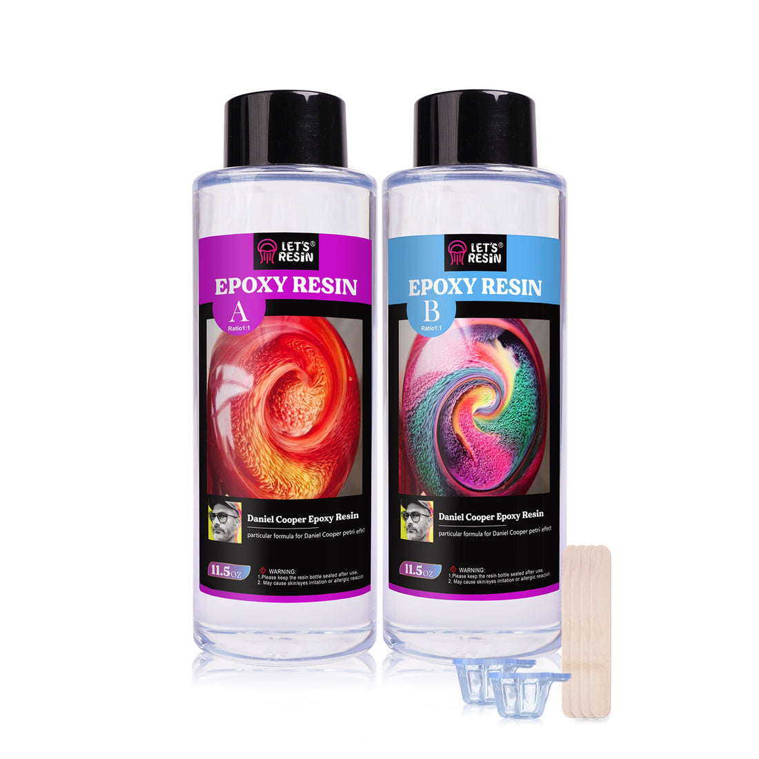 Let's Resin two-part epoxy resin and hardener bottles with wooden mixing sticks