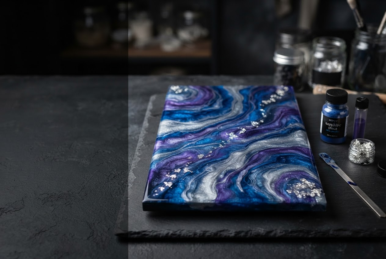 Glossy blue and violet resin flowing across a dark artist's worktable