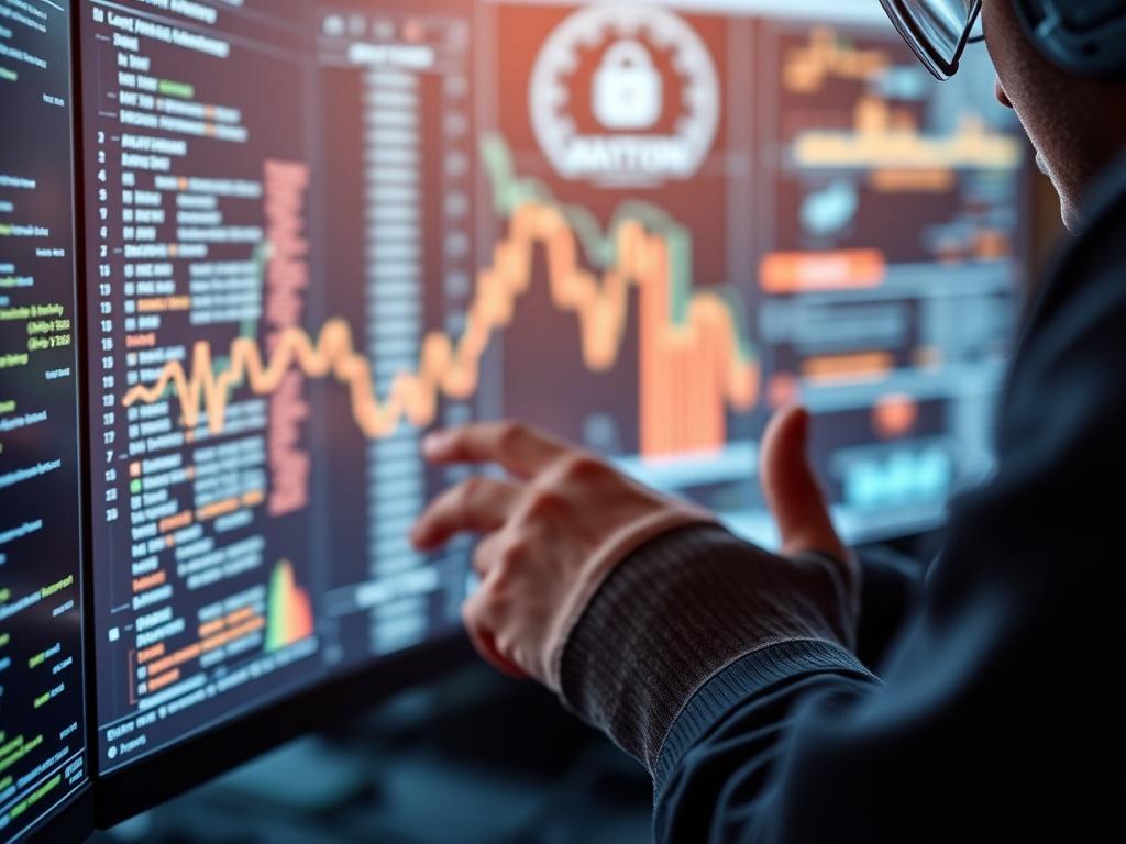 A close up shot of a cybersecurity expert examining blockchain