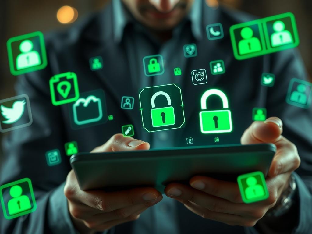 A professional recovering a social media account on a tablet, with visuals of social media icons and security checks floating around. The image should be hyper-realistic and emphasize the urgency of account recovery while integrating green tones.