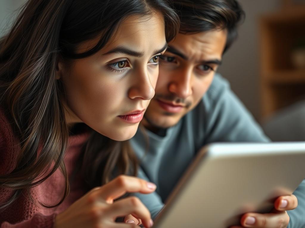 A close-up shot of a concerned yet caring parent looking at a child's tablet screen, showing a mix of curiosity and vigilance. The background is softly blurred, focusing on the interaction between the parent and the child, highlighting the importance of parental guidance. The setting is warm and inviting, symbolizing a safe and nurturing environment for monitoring online activities.