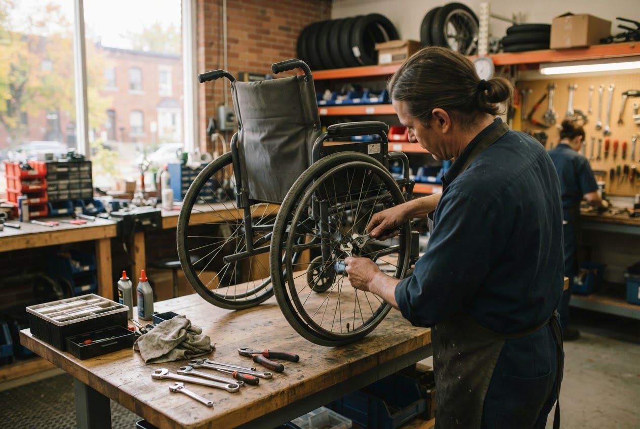 Illustrative image of a technician inspecting and repairing a manual wheelchair