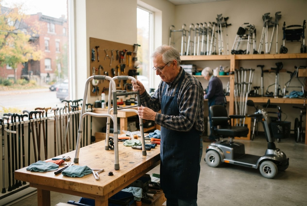 Illustrative image of walkers and other mobility equipment being assessed for reuse