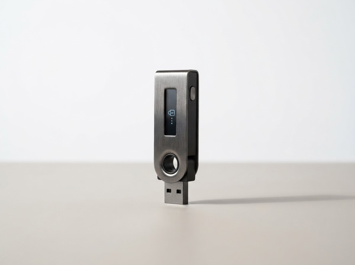 A compact graphite hardware wallet device shown upright on a pale studio surface
