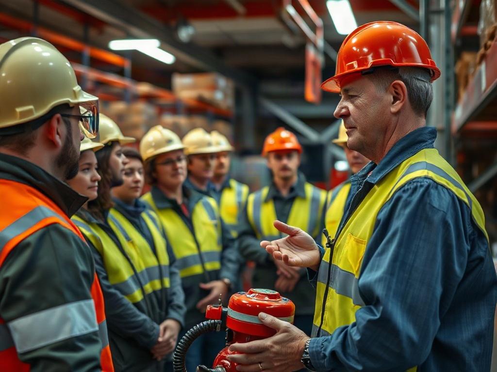A realistic image depicting a fire safety training session for cold storage staff. The scene shows a group of employees attentively listening to a trainer who is demonstrating fire safety equipment. The cold storage backdrop highlights the specific challenges faced in such environments, emphasizing the importance of specialized training.