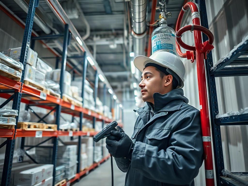 A high-resolution image of a technician installing a fire suppression system in a cold storage facility. The focus is on the technician working diligently with tools in hand, surrounded by frost-covered walls and storage racks. The image captures the essence of safety and technology in a cold storage environment.