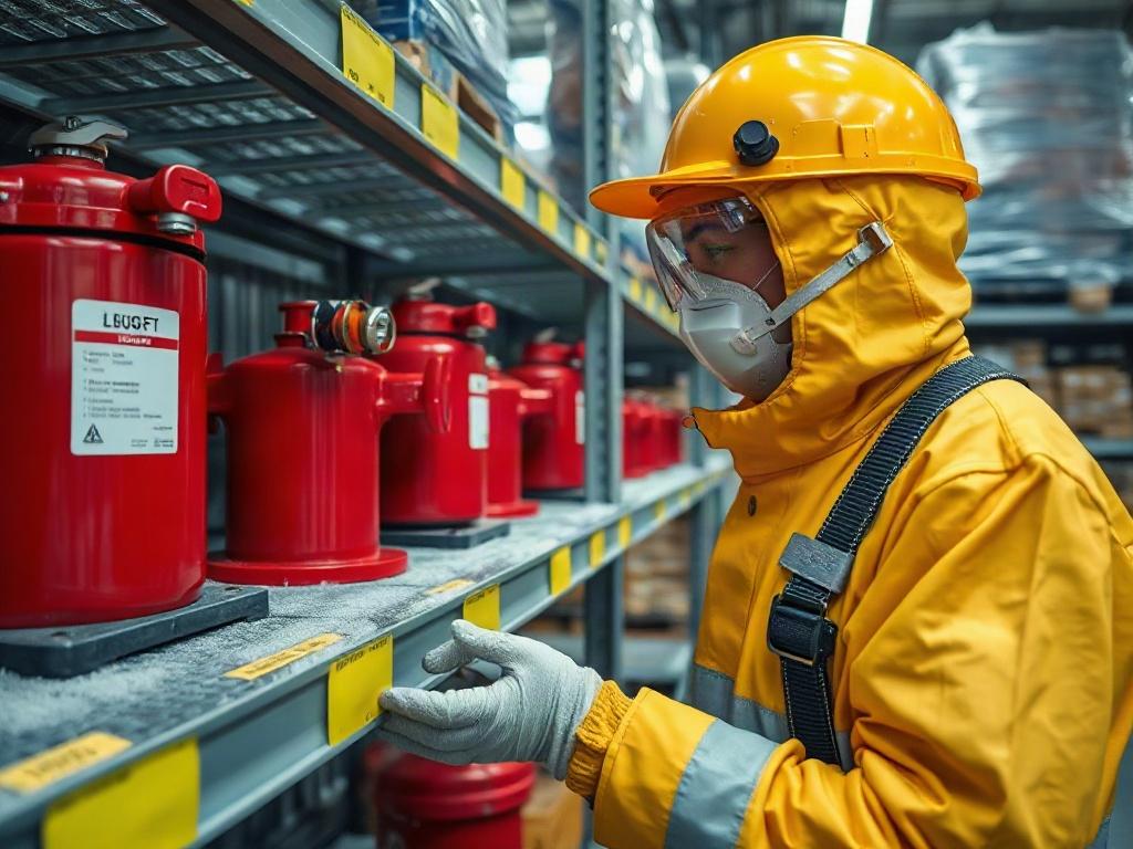A close-up shot of a fire safety assessment being conducted in a cold storage facility. The scene features a safety expert in a protective suit inspecting fire safety equipment on a shelf, with frost-covered pallets in the background. The composition is clear and focused on the expert, showcasing precision and professionalism.