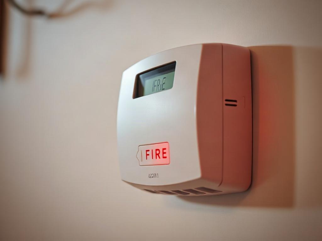 A close-up shot of a modern fire alarm system installed on a wall, with a focus on the sleek design and blinking indicator light. The background should be softly blurred to emphasize the fire alarm. The color scheme should incorporate the primary color rgb(255, 241, 0), ensuring the image is high-resolution and hyper-realistic.