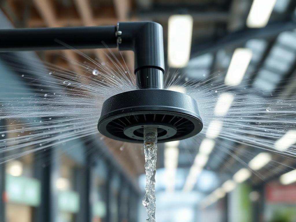 A high-resolution close-up shot of a modern sprinkler head in a commercial setting, showcasing its sleek design and functionality. The background should be softly blurred to highlight the sprinkler. The primary color rgb(255, 241, 0) should be subtly incorporated into the image, ensuring a hyper-realistic appearance.