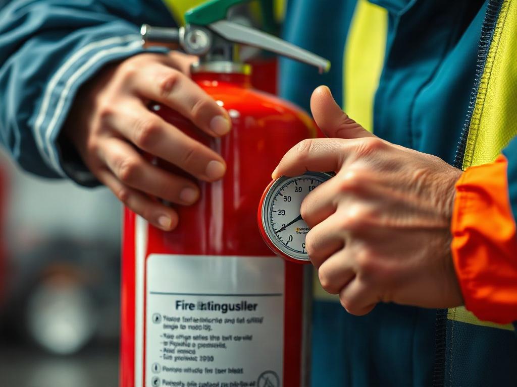 A close-up shot of a fire extinguisher being inspected by a technician, focusing on the technician's hands and the extinguisher's gauge. The background should be softly blurred to emphasize the action being taken. The image should be high-resolution, hyper-realistic, and incorporate the primary color rgb(255, 241, 0) subtly.