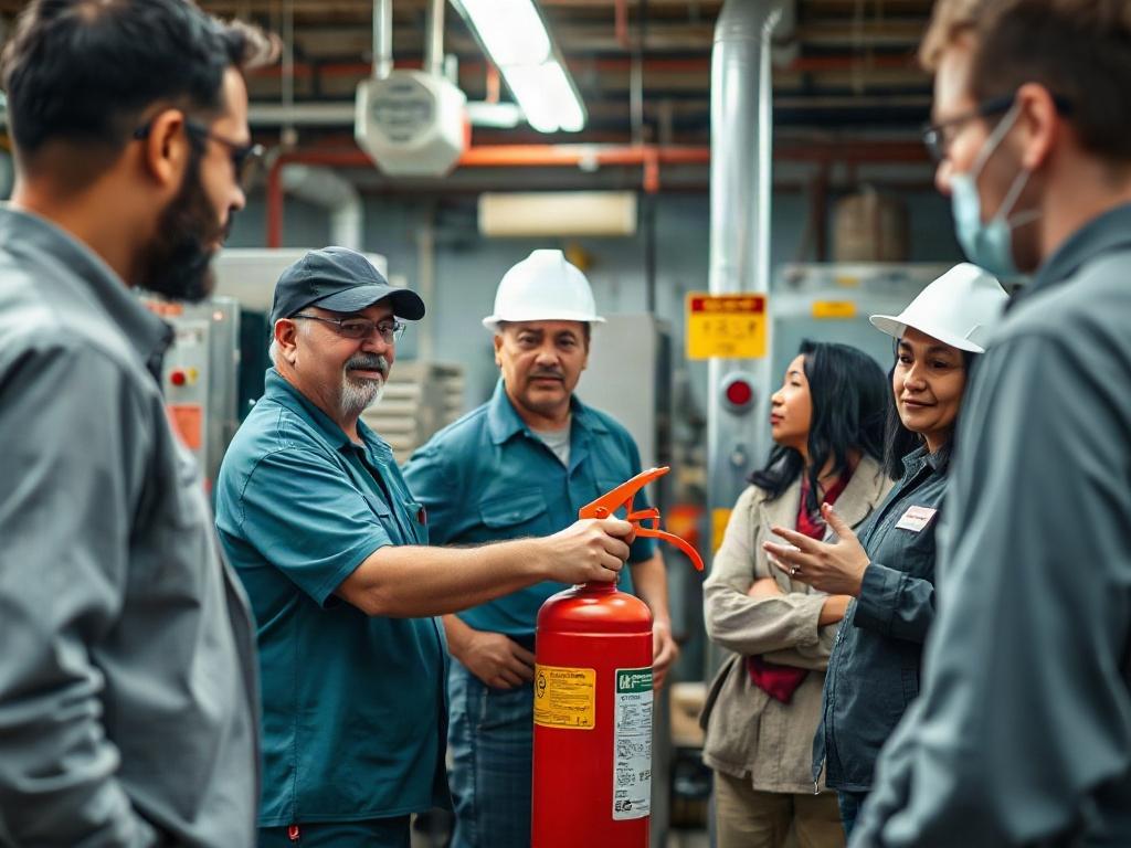 An engaging scene of a fire safety training session in a food processing facility. Show a diverse group of employees actively participating, with a trainer demonstrating the use of a fire extinguisher. The background should include food processing equipment and safety signage. The image should be vibrant and focused, capturing the essence of teamwork and learning, with a color scheme that incorporates rgb(255, 241, 0).
