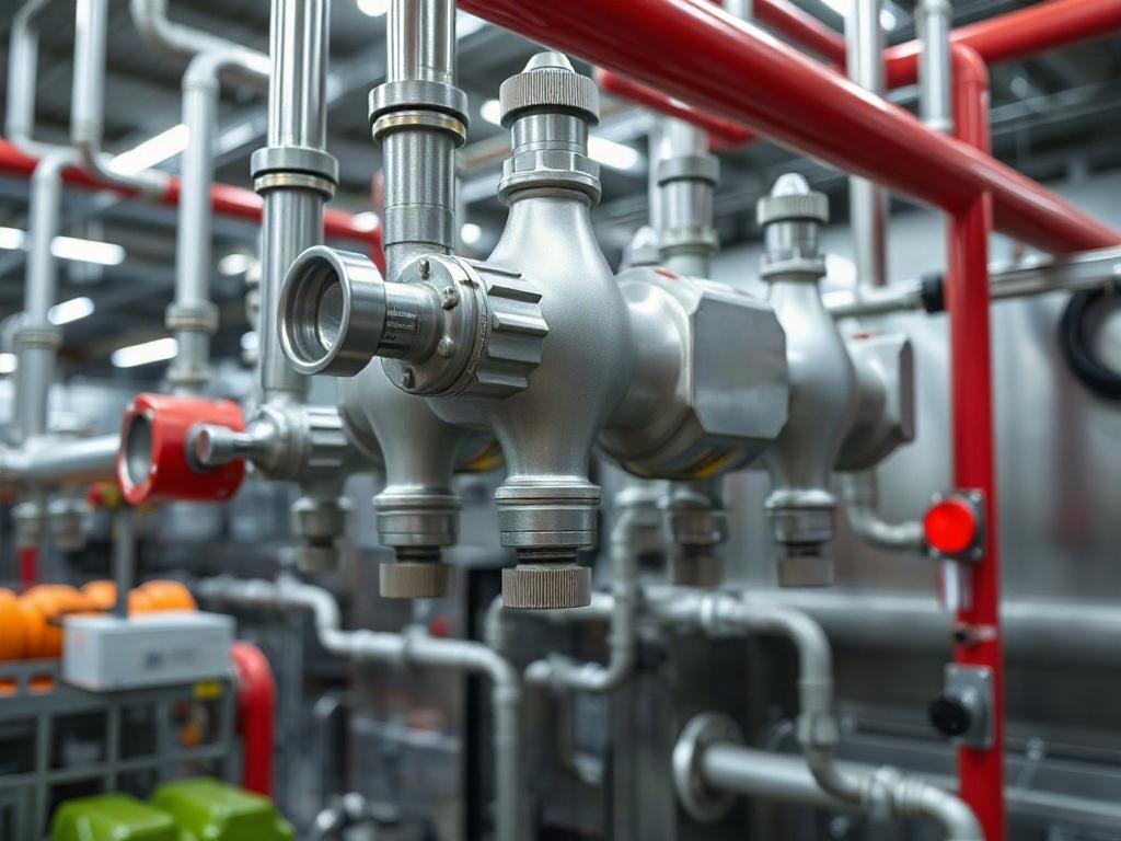 A close-up shot of a modern fire suppression system installed in a food processing facility. The image should capture the intricate details of the system, showcasing pipes and nozzles, with a clear background of food processing equipment. The lighting should highlight the metallic finish and precision engineering of the system, while the primary color theme should align with rgb(255, 241, 0).