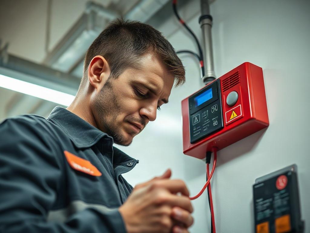 A close-up shot of a technician installing a modern fire alarm system in a commercial building. The technician is focused on connecting wires, with tools visible in the background. The setting is a well-lit room, showcasing the fire alarm equipment prominently. The image should have a hyper-realistic style, with vibrant colors, particularly featuring the primary color rgb(255, 241, 0) in the alarm system.