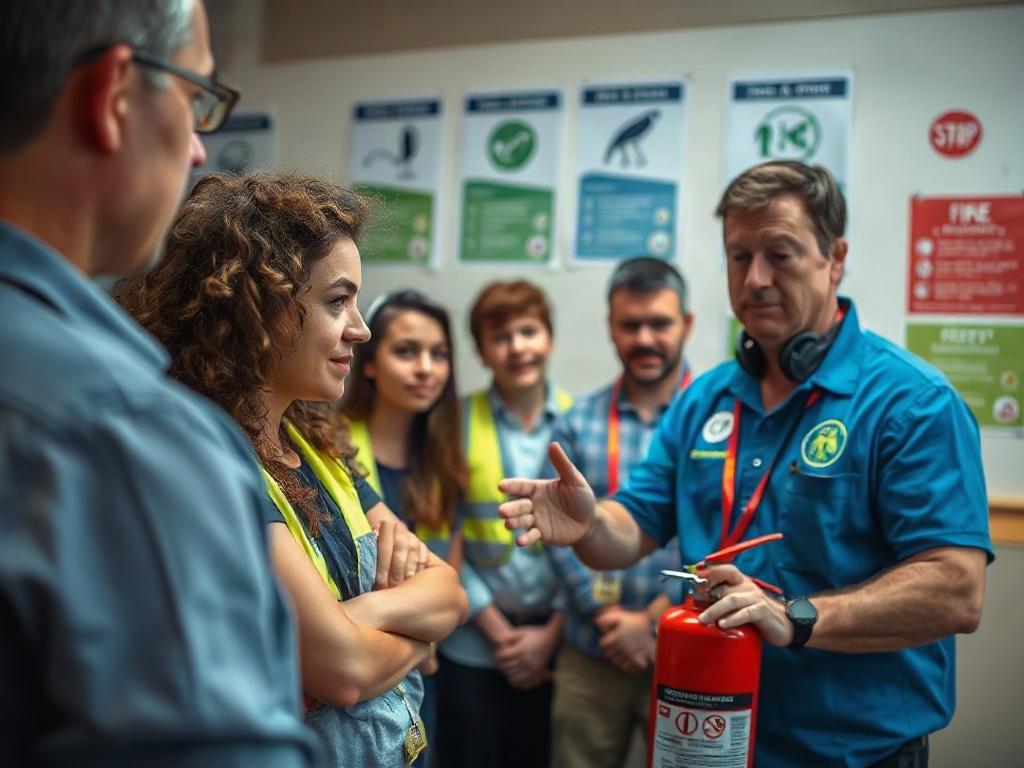 A close-up of a fire safety training session in progress, featuring an instructor demonstrating the use of a fire extinguisher to a group of attentive participants. The environment is a training room with safety posters on the walls, ensuring a professional and educational atmosphere. The primary color rgb(255, 241, 0) should be present in safety equipment or training materials.