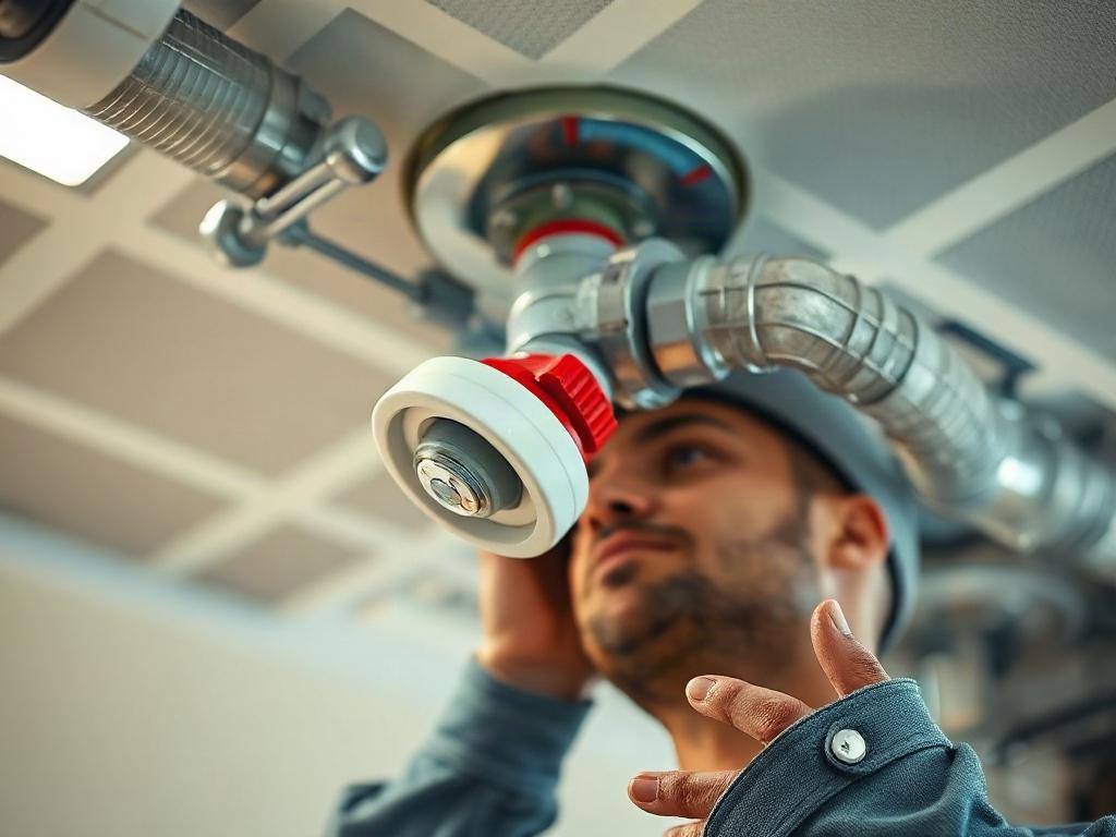 A hyper-realistic close-up of a fire sprinkler system being installed in a ceiling. The image captures the technician working on the installation, with detailed focus on the sprinkler head and surrounding ceiling structure. The environment is a well-lit commercial space, emphasizing safety and professionalism. Incorporate the primary color rgb(255, 241, 0) subtly in the sprinkler components.