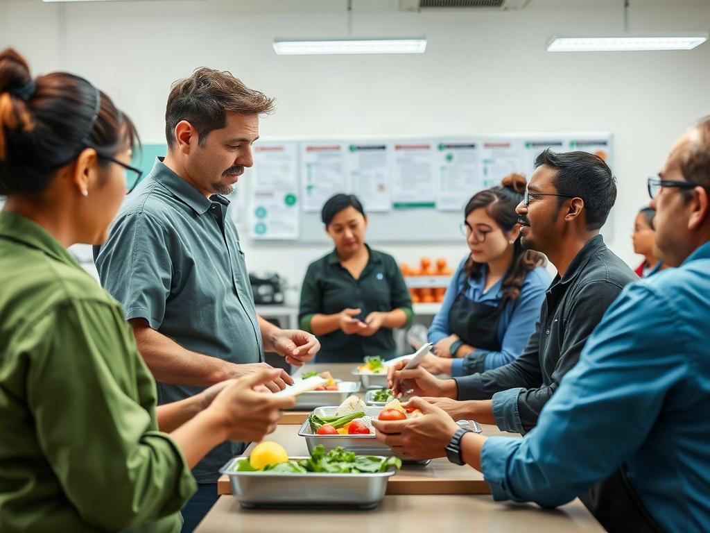 A close-up shot of a training session in progress, with employees actively participating in a food safety workshop. The trainer is demonstrating proper food handling techniques, while attendees engage and take notes. The background shows a classroom setting with food safety materials displayed. The composition should be simple and clear, emphasizing the interactive nature of the training.