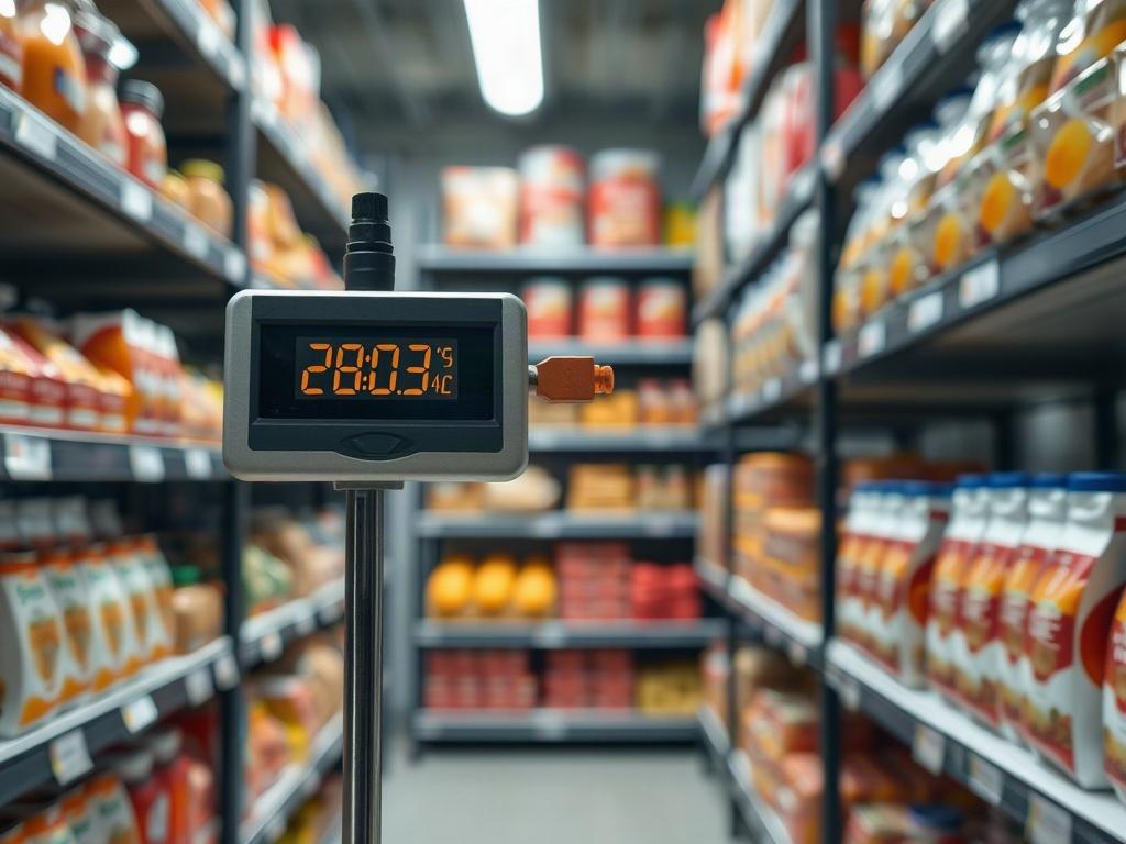 A close-up shot of a digital temperature monitoring device in a food storage facility. The device displays real-time temperature readings. The background shows shelves filled with food products, clearly organized and labeled. The composition should be simple and clear, focusing on the device and its importance in food safety.