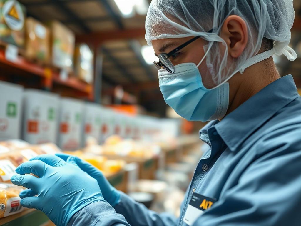 A close-up shot of a food safety auditor inspecting a warehouse, focusing on food storage areas. The auditor, wearing safety gloves and a mask, examines food packaging and labels. The background shows neatly arranged food products and safety signage. The composition should be simple and clear, highlighting the auditor's attention to detail.