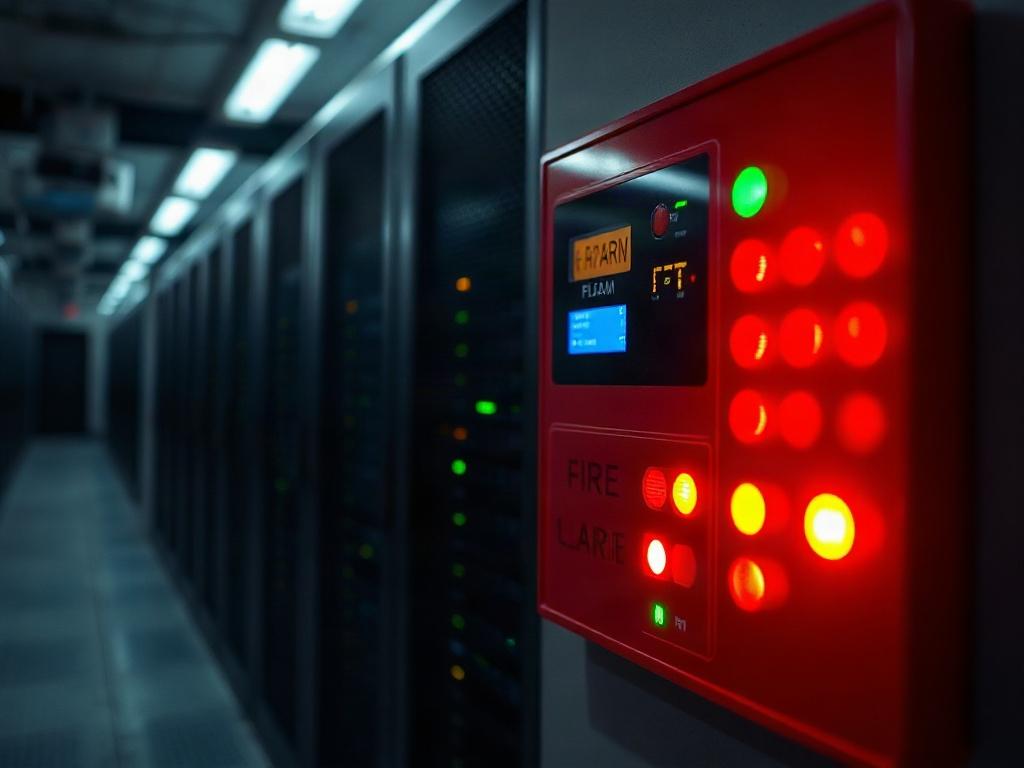 A close-up of a fire alarm control panel with various indicators and buttons illuminated. The background shows a blurred view of a data center with rows of servers. The lighting highlights the panel, showcasing its importance in safety. Shot with a 45mm f/1.2 lens.
