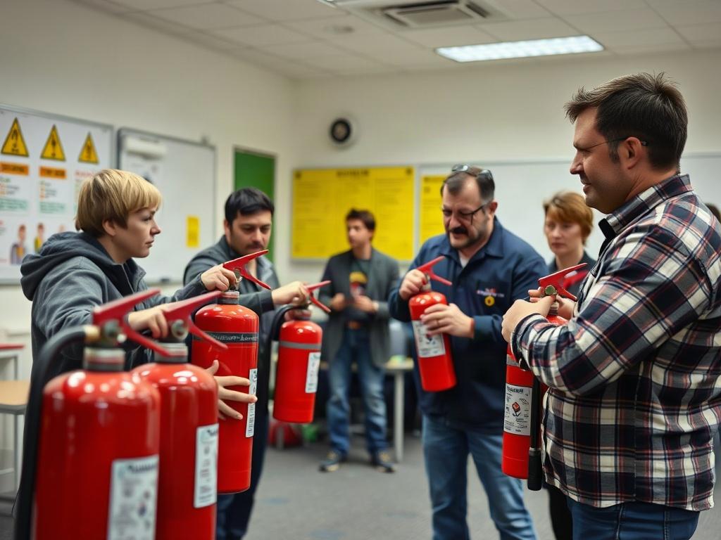 A close-up shot of a fire safety training session in progress, showing participants engaged in hands-on training with fire extinguishers. The background features a classroom setting with safety posters and equipment. Bright lighting emphasizes the activity. Shot with a 45mm f/1.2 lens.
