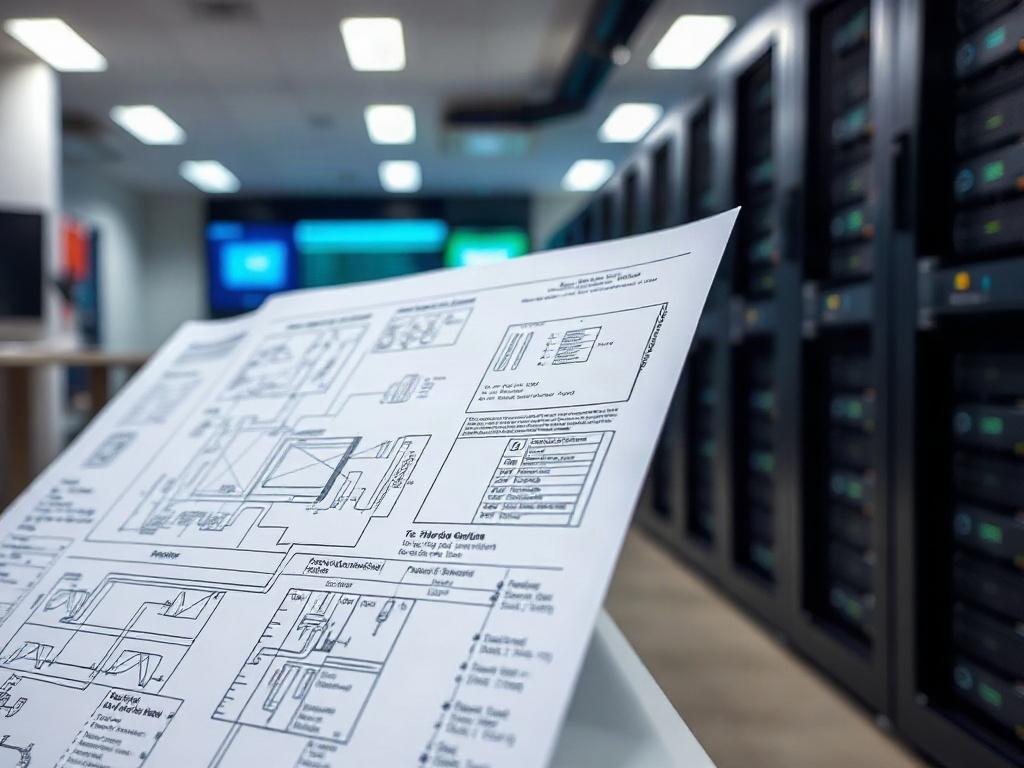 A close-up of a detailed fire suppression system design blueprint, featuring intricate diagrams and specifications. The background is a softly blurred office environment with subtle hints of data center equipment. The lighting is bright and focused, emphasizing the blueprint's details. Shot with a 45mm f/1.2 lens.