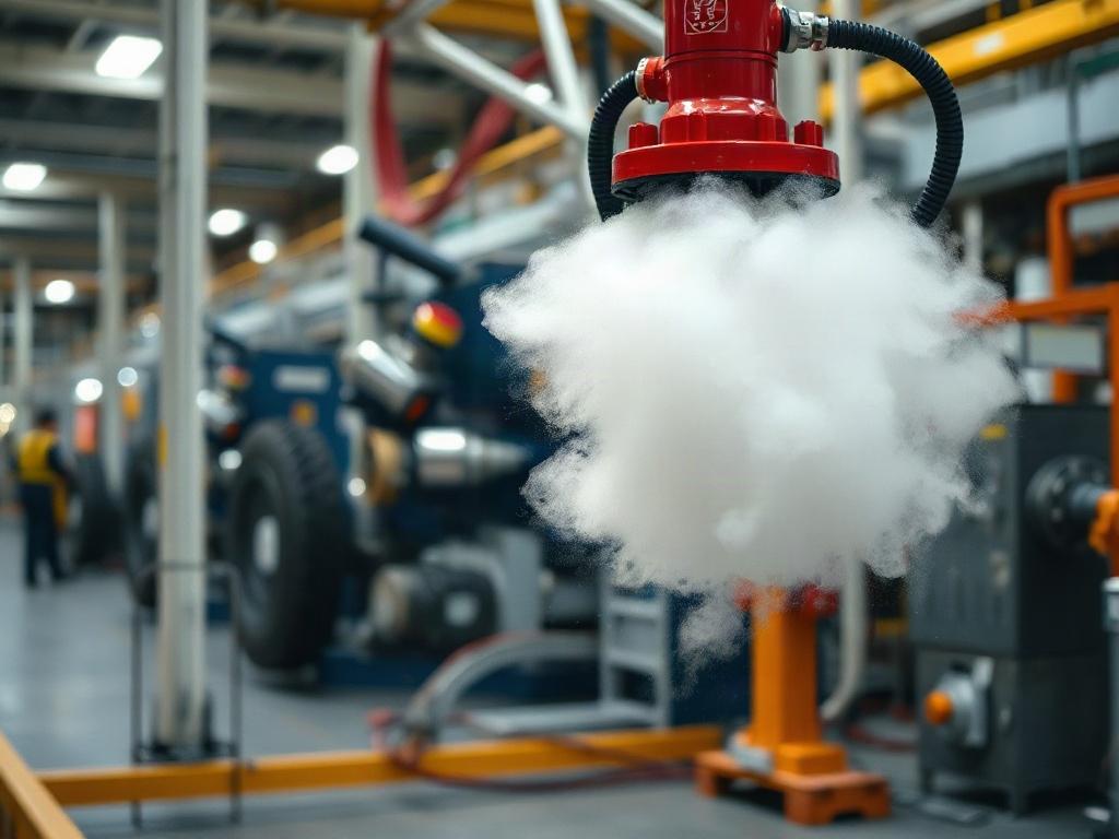 A realistic high-resolution photo depicting an industrial area equipped with an advanced fire suppression system. The image should highlight the system's components in action, such as mist or foam being deployed. The background should show industrial machinery, emphasizing the importance of fire safety in a manufacturing setting. The photo should be shot with a 45mm f/1.2 lens.