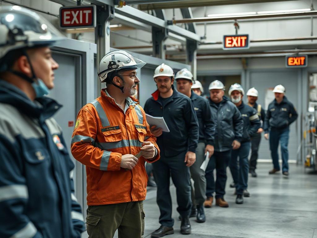 A realistic high-resolution photo showing a group of industrial workers participating in a fire drill. The image should capture the workers in action, following an evacuation plan, with clear exit signs in the background. The setting should reflect a typical industrial environment, emphasizing preparedness and teamwork. The photo should be shot with a 45mm f/1.2 lens.