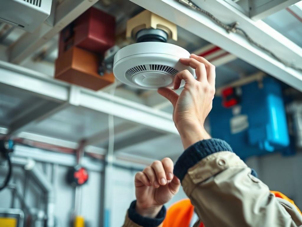 A realistic high-resolution photo showing a technician installing a fire alarm system in an industrial setting. The image should focus on the technician's hands as they carefully mount the alarm on the ceiling. Background should feature industrial equipment and a clear view of the workspace, emphasizing safety and professionalism. The photo should be shot with a 45mm f/1.2 lens.