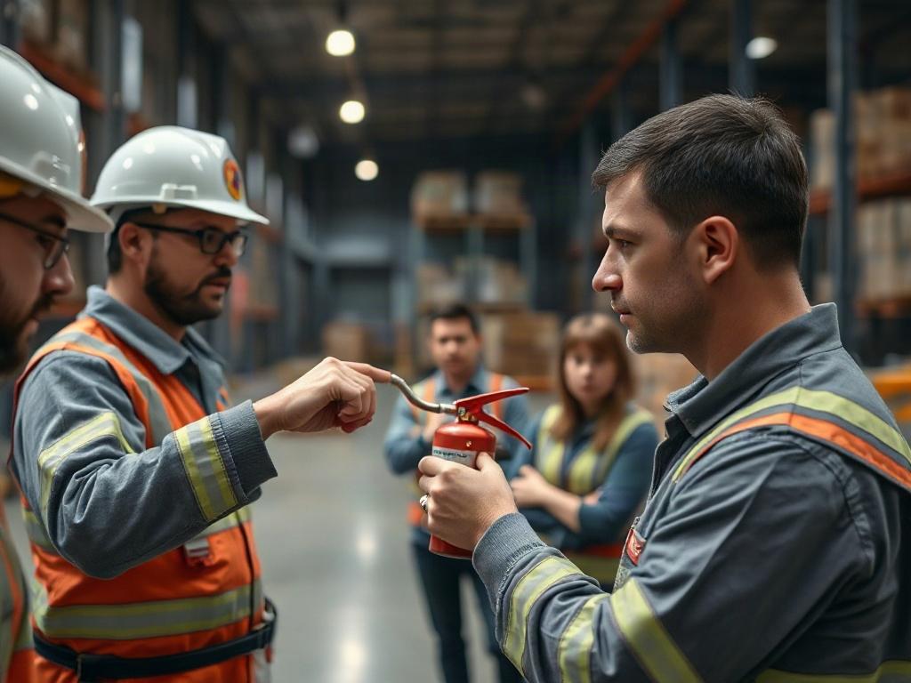 A hyper-realistic close-up shot of a fire safety training session in a warehouse. The image should depict a trainer demonstrating the use of a fire extinguisher, with attentive staff members in the background. The focus should be on the engaged learning environment.