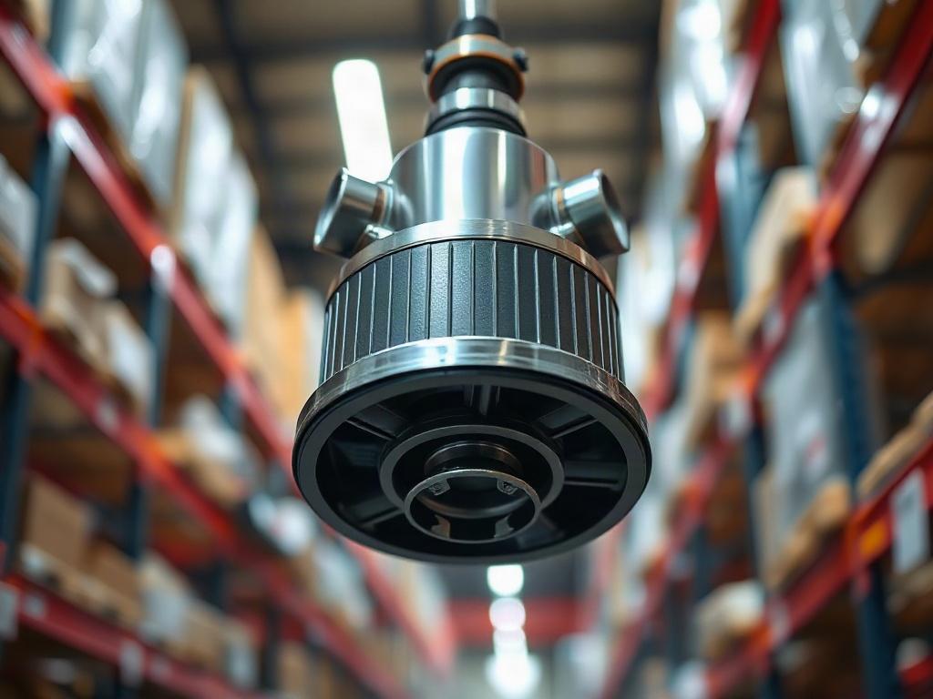 A hyper-realistic close-up shot of a fire sprinkler head installed in a warehouse, showcasing its design and functionality. The image should have a blurred background of warehouse shelves, highlighting the importance of fire safety in the storage environment.