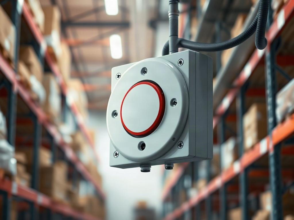 A hyper-realistic close-up shot of a fire alarm system installed in a modern warehouse setting. The image should capture the intricate details of the fire alarm, showcasing its features. The background should be softly blurred, focusing on the fire alarm device while hinting at the warehouse environment with shelves and goods.