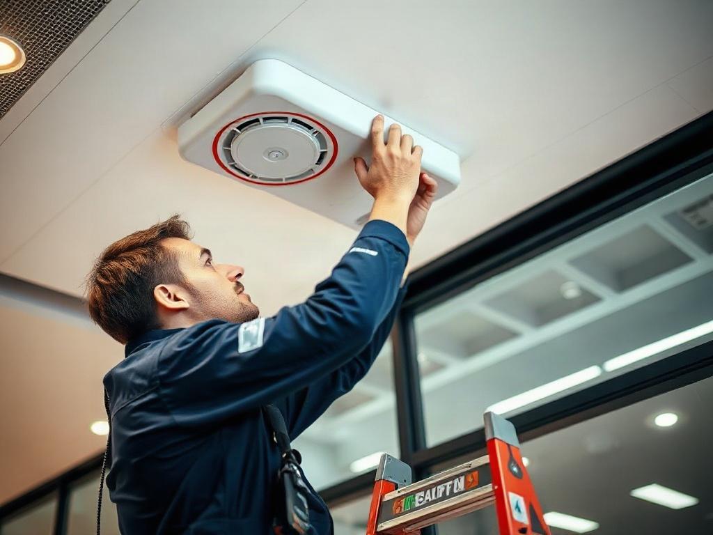 A professional technician installing a fire alarm system on the ceiling of a modern commercial building. The technician is focused, using tools and equipment, with a ladder nearby. The background shows a clean, well-lit interior of the building, emphasizing safety and professionalism.
