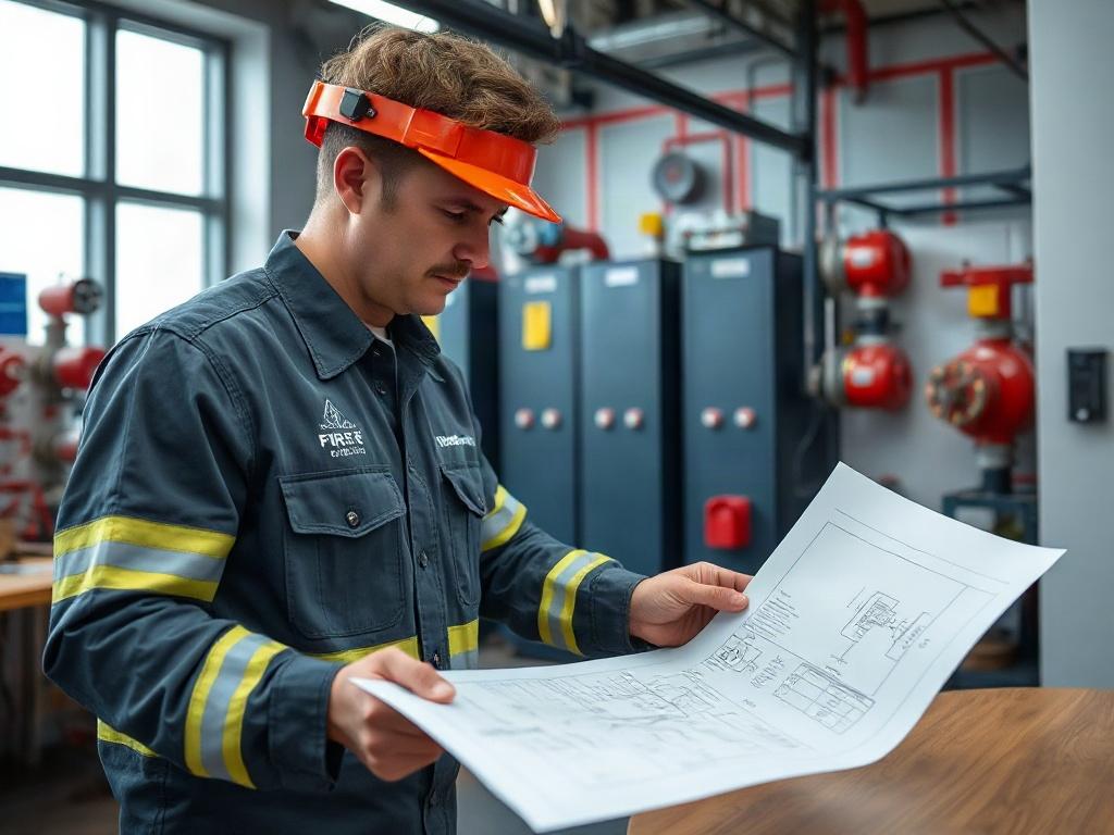 A fire protection engineer reviewing blueprints for a fire suppression system in an office environment. The engineer is focused on the plans, with various fire suppression equipment displayed around. The setting is modern and professional, highlighting meticulous planning and design.